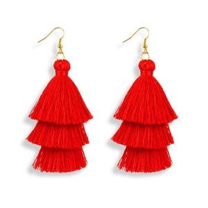 Three-Layer Hook-Style Tassel Earrings Red